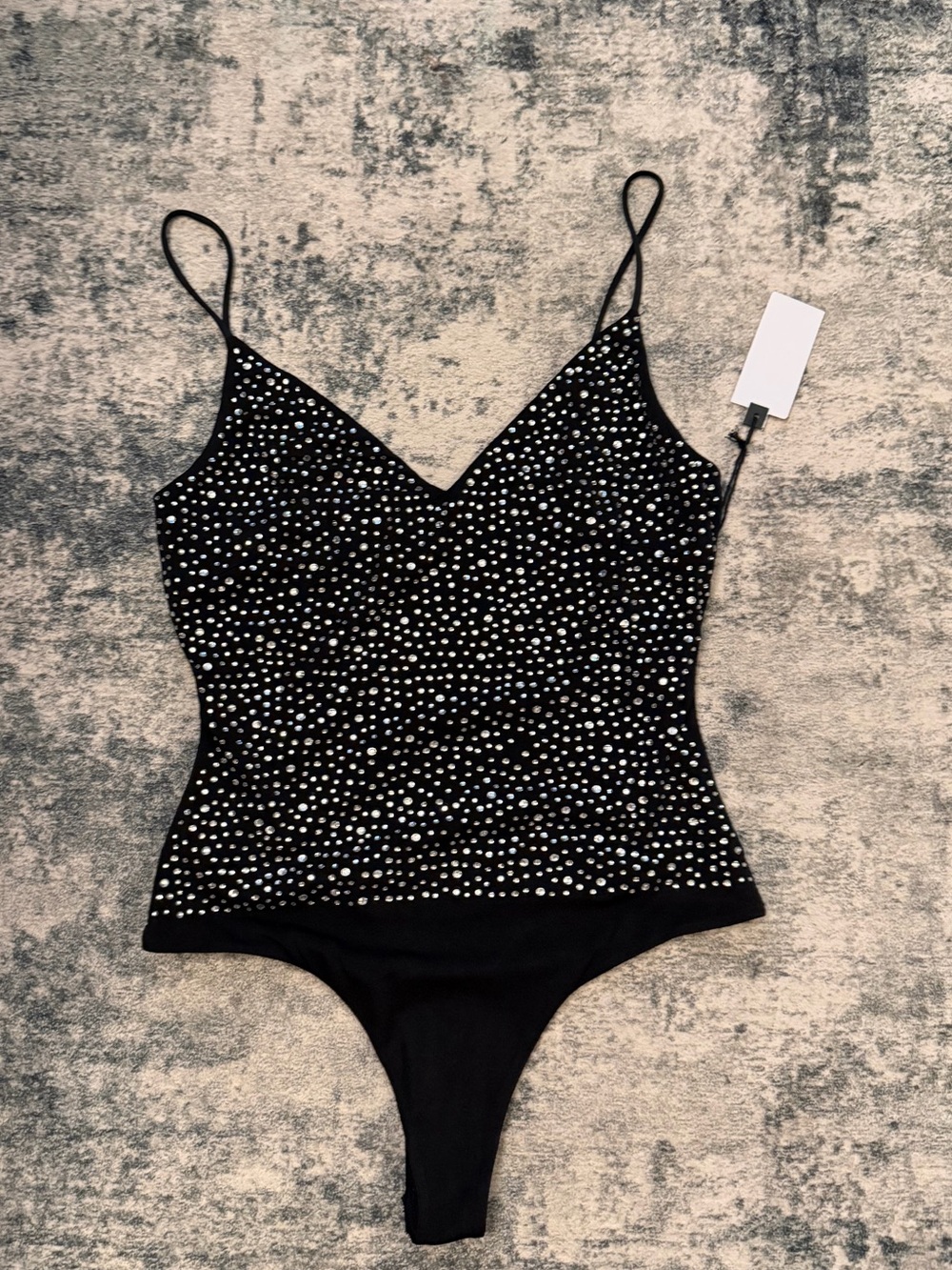 Astr Black Rhinestones V‑Neck Spaghetti Strap Bodysuit